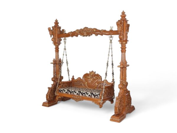Side view of Regal Lotus Carved Swing showcasing detailed hand-carved pillars