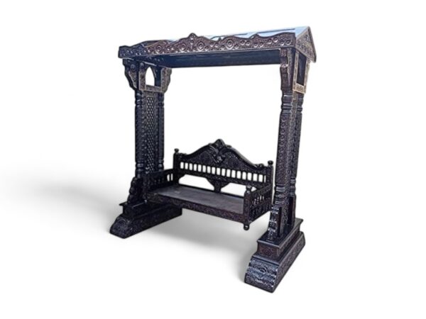 Front view of handcrafted wooden swing with dark finish and carved pillars