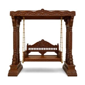 handcrafted wooden swing with dark finish and carved pillars