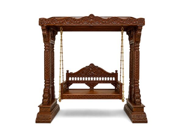 handcrafted wooden swing with dark finish and carved pillars