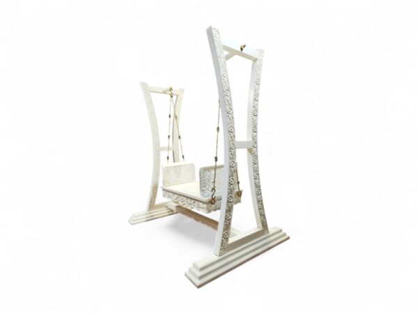 Majestic White Carved Swing with brass chains and carved white frame