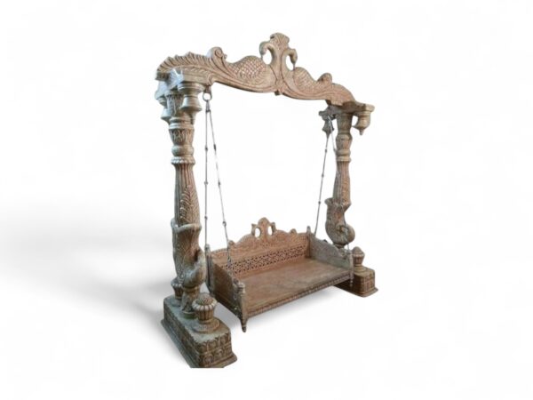 Traditional wooden jhula with antique polish and royal peacock carving
