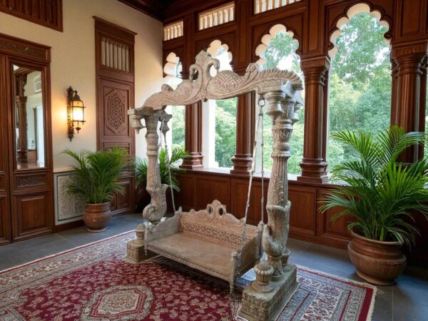 Heritage Peacock Swing with carved wooden pillars and cushioned seat