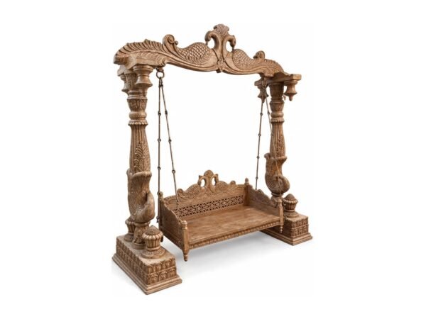 Traditional wooden jhula with antique polish and royal peacock carving