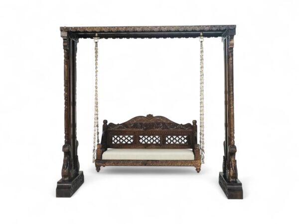 Full frame of Royal Hand-Carved Swing with ornate pillars and hanging seat