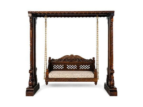 Full frame of Royal Hand-Carved Swing with ornate pillars and hanging seat