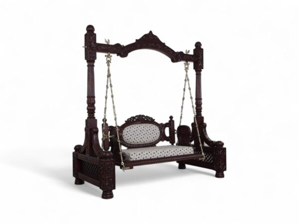 Side angle of Victorian Style Swing highlighting hand-carved posts and arch