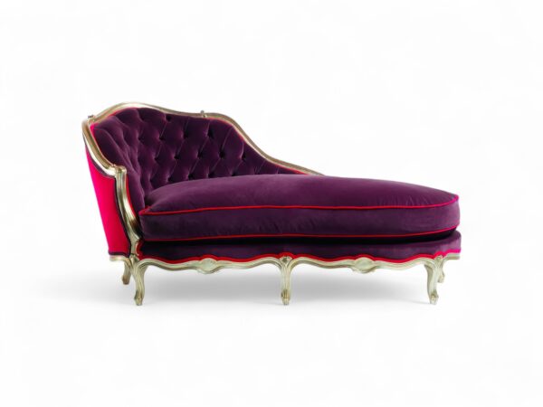 Royal Purple Chaise Lounge with golden accents and button-tufted design