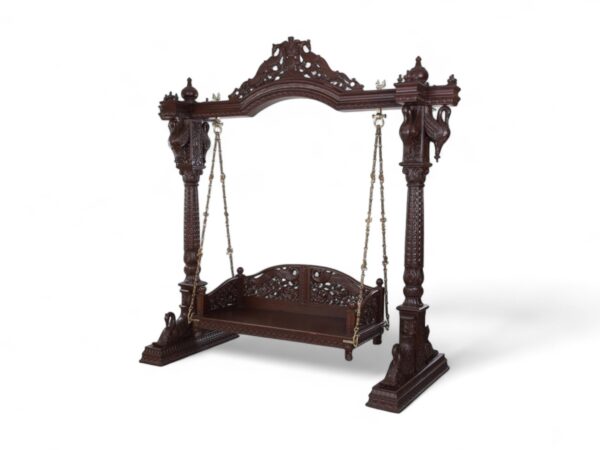 Maharaja Royal Wooden Swing with intricate carvings and brass chains