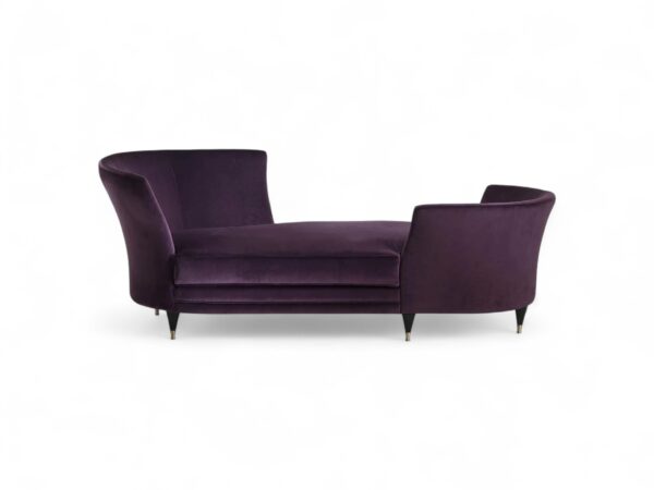 Velvet chaise with classic silhouette and rich aubergine fabric