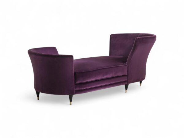 Aubergine Velvet Chaise Lounge with flared arms and tapered legs