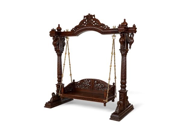 Maharaja Royal Wooden Swing with intricate carvings and brass chains