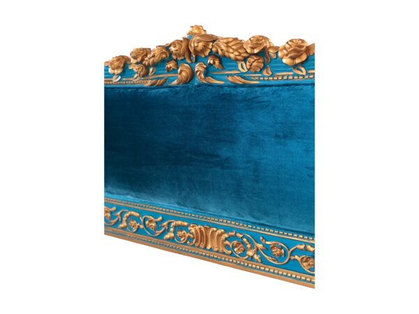 Designer blue velvet bed with golden floral detailing