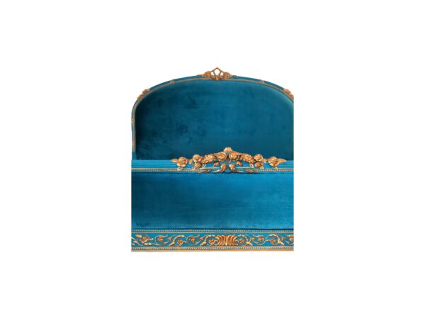 Luxury carved bed with sapphire velvet upholstery