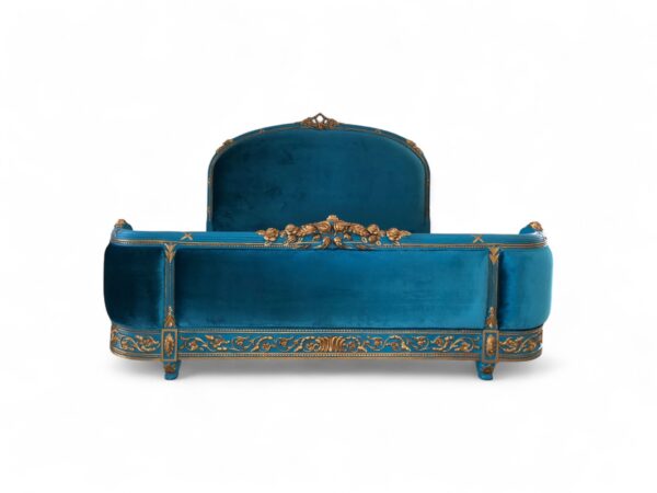 Sapphire Bloom Bed in sapphire-blue velvet with golden carvings