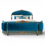 Sapphire Bloom Bed in sapphire-blue velvet with golden carvings
