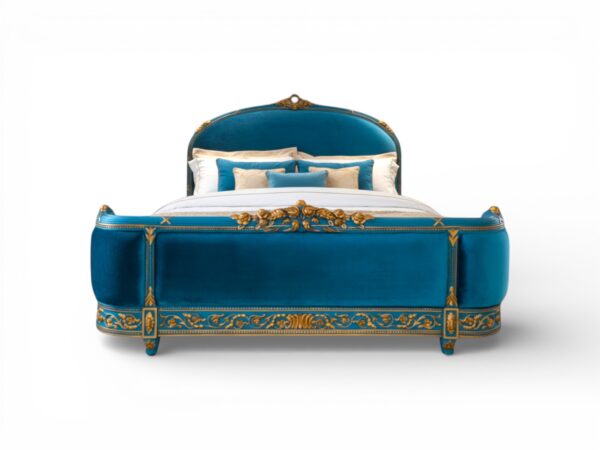 Sapphire Bloom Bed in sapphire-blue velvet with golden carvings
