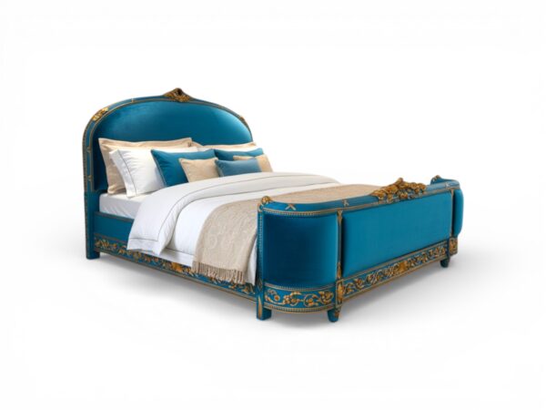Luxury carved bed with sapphire velvet upholstery