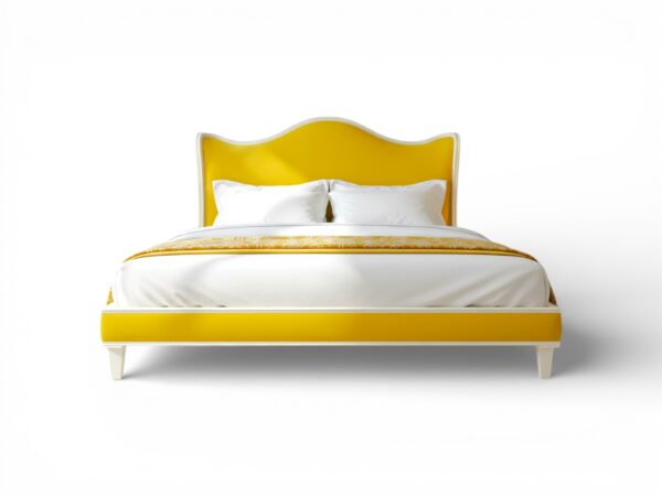 Soleil Curve Bed in vibrant yellow velvet with arched headboard