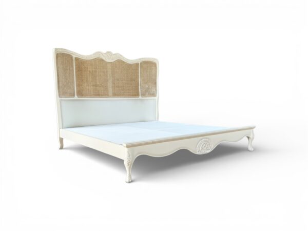 Luxury bed with antique white finish and hand-woven cane panels