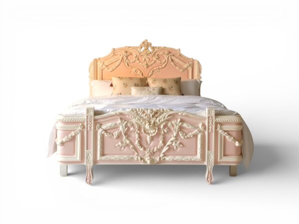 Chateau Rose Bed in blush pink with hand-carved Rococo details