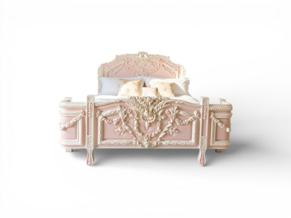 Chateau Rose Bed in blush pink with hand-carved Rococo details
