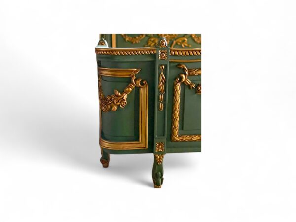 Regal carved bed with high-relief headboard and scroll motifs