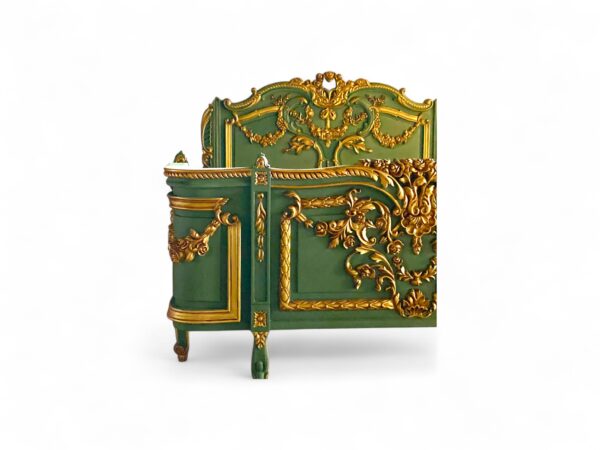 Luxury Baroque-style bed in deep green with ornate gilded details