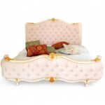 Palazzo Dream Bed in blush velvet with ornate gold frame.