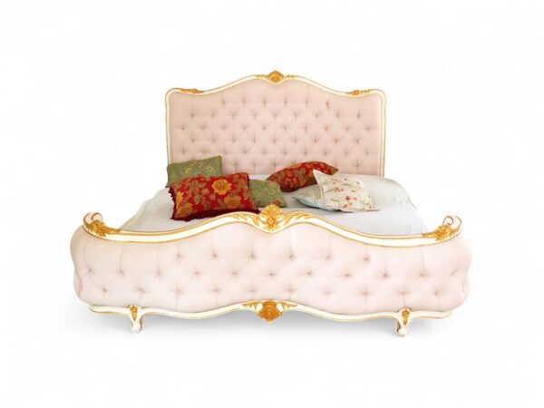 Palazzo Dream Bed in blush velvet with ornate gold frame.