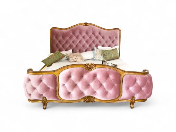 Amour Classic Bed in dusty rose velvet with antique gold frame