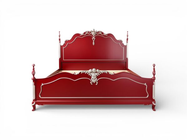 Elegant Vintage French Bed with intricate carvings and cherry red finish