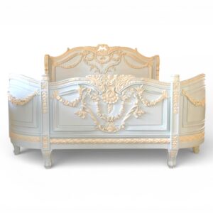 Chateau Blossom Bed with intricate floral carvings in soft pastel finish