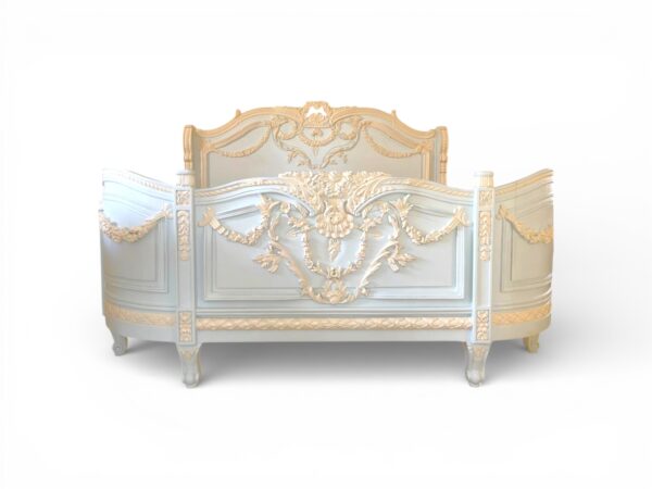 Chateau Blossom Bed with intricate floral carvings in soft pastel finish