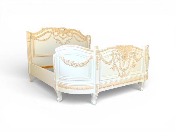 Chateau Blossom Bed with intricate floral carvings in soft pastel finish