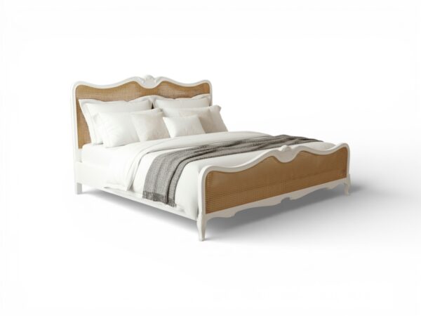 Antique-inspired wooden bed with full cane headboard and footboard