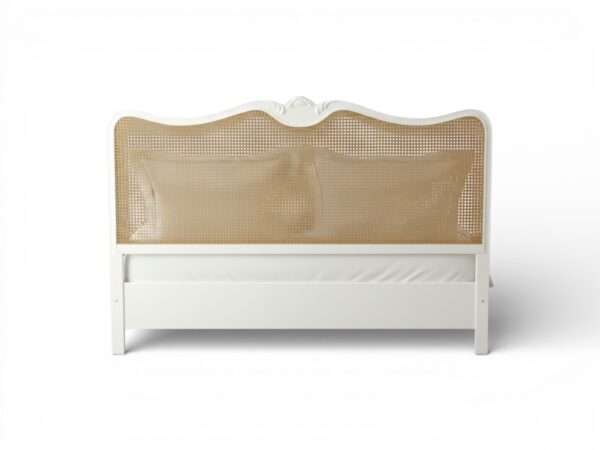Antique-inspired wooden bed with full cane headboard and footboard