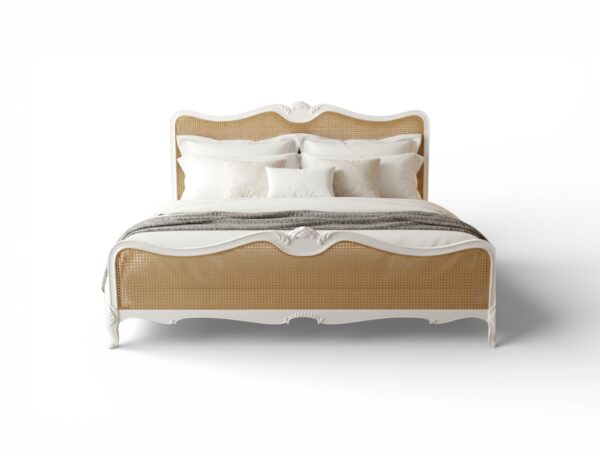 French country-style cane bed with organic woven texture