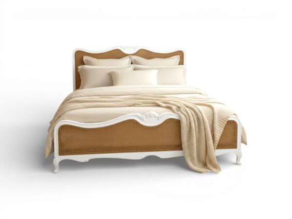 French country-style cane bed with organic woven texture
