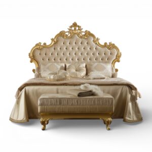 Ornate Carved Royal Bed gold tufted headboard