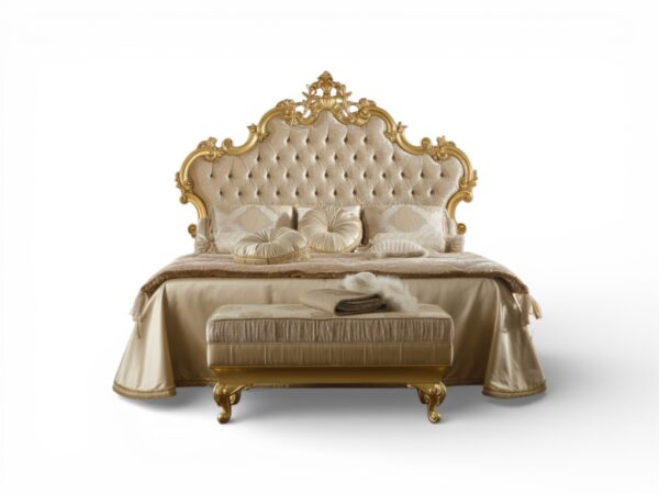 Ornate Carved Royal Bed gold tufted headboard