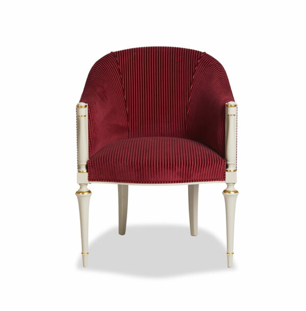 Royal Barrel Chair in deep crimson velvet with ivory and gold legs