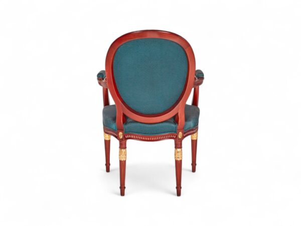 Classic French armchair in teal fabric and mahogany frame