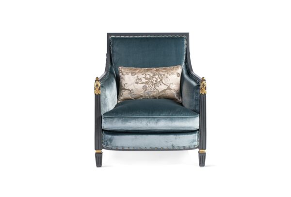 Elegant velvet armchair with black lacquered frame and golden detailing