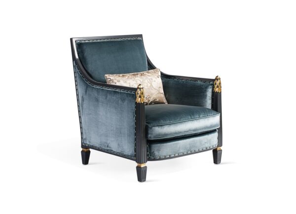 Empire Velvet Armchair in luxurious teal velvet with gold accents