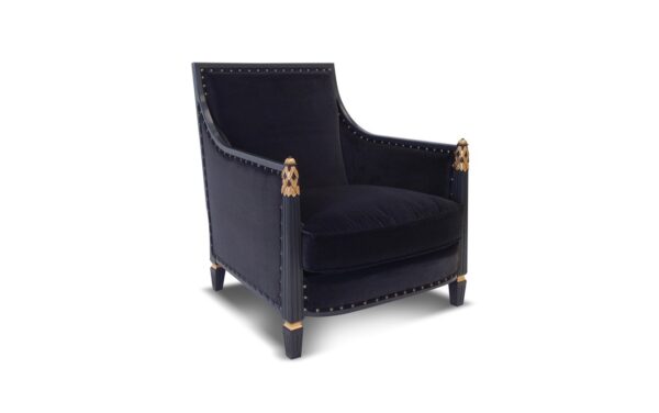 Statement teal velvet armchair with gold accents and wooden frame