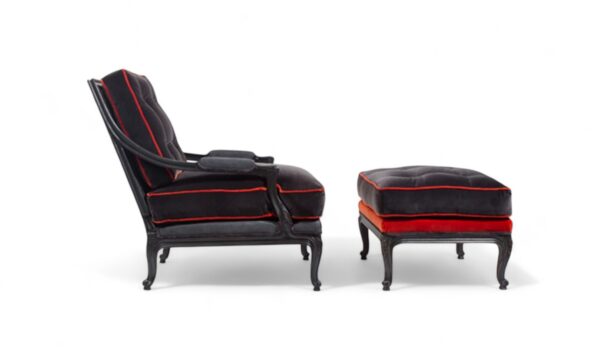 Luxury lounge chair and footrest in carved wood and velvet