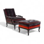 Luxury lounge chair and footrest in carved wood and velvet