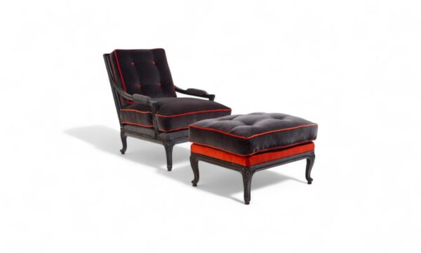 Luxury lounge chair and footrest in carved wood and velvet