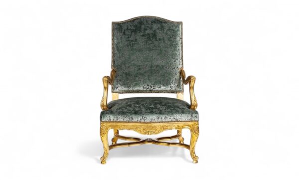Golden Fern Armchair with green velvet and ornate golden woodwork